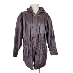 DANY Leather Coat  Women Size L Brown Hooded Zip Snaps 4 Pockets Cinched Vintage